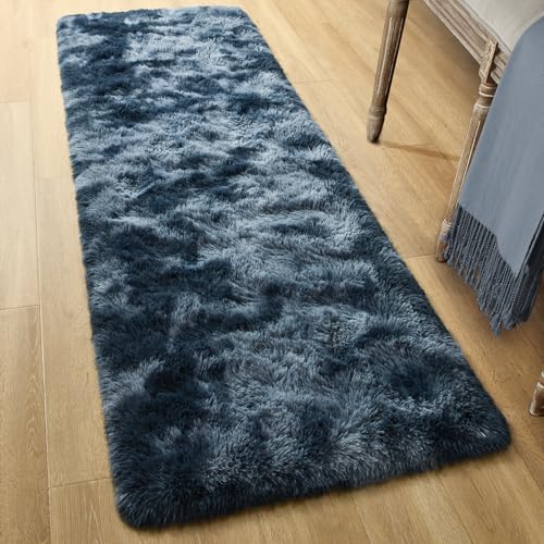 Soft 2x6 Runner Rugs for Bedroom Living Room Fluffy Plush (Tie-dyed Blue and Grey / 2' X 6' (Runner))
