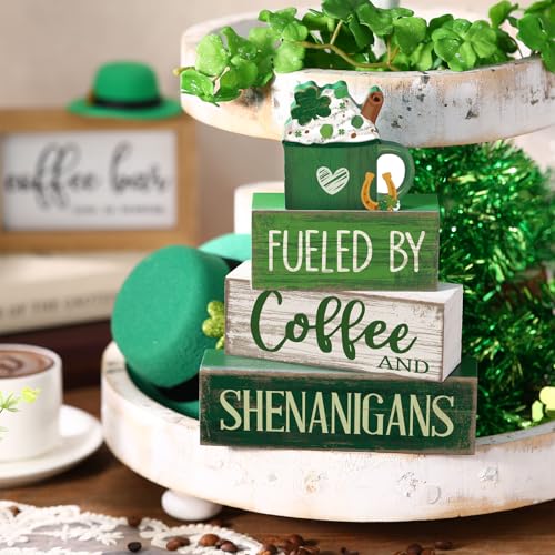 4 Pcs Wooden Tiered Tray Decor Irish Farmhouse Table Sign Coffee (Shamrock)