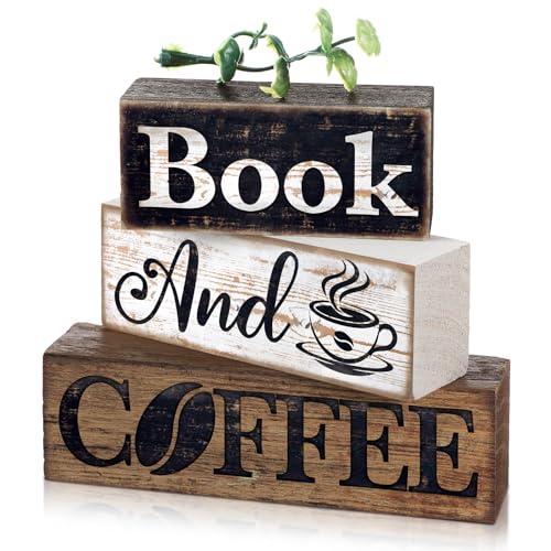 4 Pcs Farmhouse Table Decor Rustic Wooden Book and Coffee Signs (Coffee)