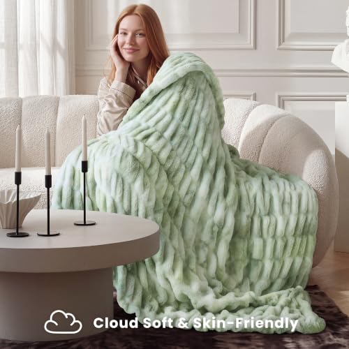 Double Sided Soft Faux Fur Throw Blanket (Tie-dye Sage / Throw)