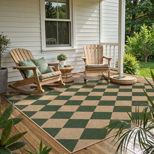 Checkered Easy Jute 5x7 Outdoor Rug (5' x 7' (Rectangular) / Deep Green/Nature-2)