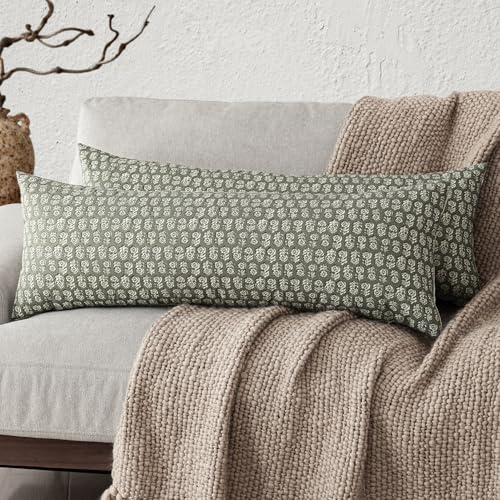Long Floral Print Lumbar Throw Pillow Covers 14×36 Sage Green (36" x 14" (Pack of 2) / Mosstone)
