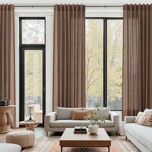 Caramel Brown Linen Curtains for Living Room Extra Long 144 Inches Long Back Tab Light Filtering Semi Sheer Curtain Vintage Rustic Decor Floor to Ceiling High Window for Bedroom 52x144 (52"W x 144"L (Pack of 2) / Caramel Brown)