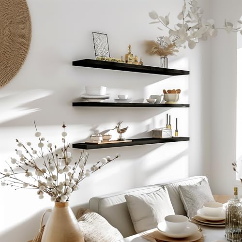 48 Inch Floating Shelves for Wall Rustic Black Wood Wall Shelves for Bedroom Set of 4 (48 inch / Rustic Black)