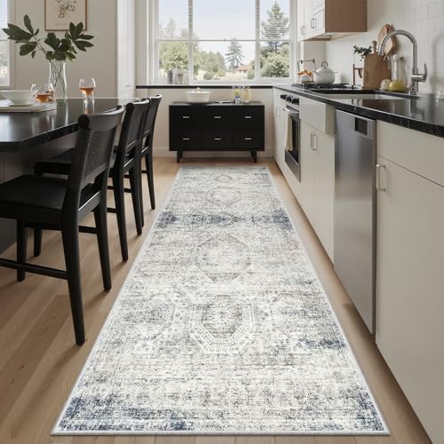 Washable Runner Rug 2'6"x8' Kitchen Hallway Runners Blue (Blue/Ivory / 2'6" x 8' (Runner))