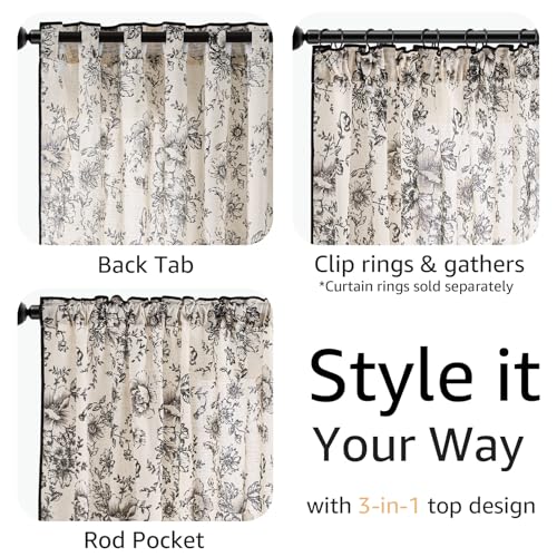 Vintage Floral Linen Curtains 90 Long for Living Room 2 Panels (Black / 50"W x 90"L (Pack of 2))