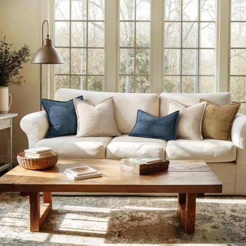 Blue Corduroy Lumbar Pillow Covers 12x20 Inch 12x20 Inch with Splicing Set of 2 Soft Boho Pillow Covers Broadside Decorative Textured Summer Coastal Pillowcases for Couch Bed Livingroom (Blue / 20" x 12" (Pack of 2))