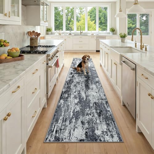 Washable Runner 2'x9' Abstract Area Rug for Hallway Black White (Black/Navy Blue/Gray / 2' x 9' (Runner))
