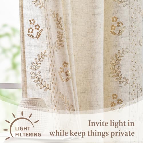 Beige Floral Linen Kitchen Tier Curtains 50x54 Inch 2 Panels (A| Beige / 50"W x 54"L (Pack of 2))