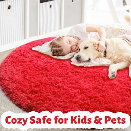 Red Furry Round Circle Area Rug 4Ft for Boys Bedroom Living Room (Red / 4' (Round))
