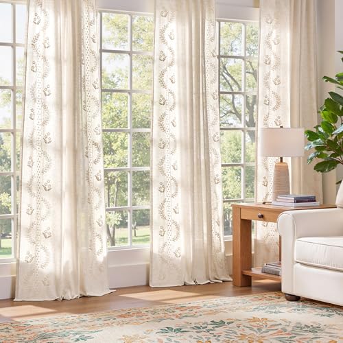 Floral Linen Curtains 63 Inch Farmhouse Back Tab 4 Panels (Ivory / 50"W x 63"L (Pack of 4))