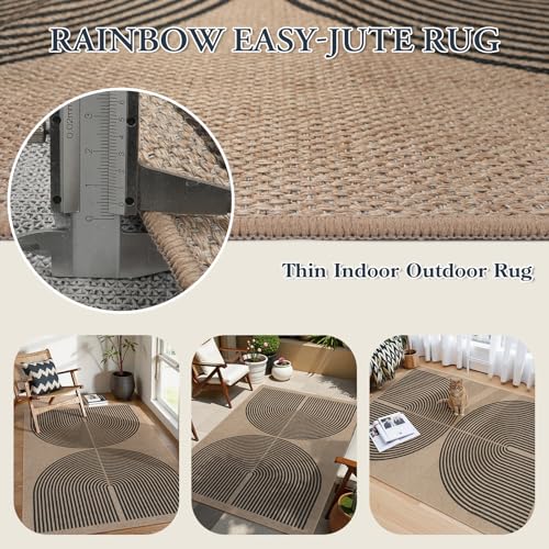 Modern Rainbow Easy Jute Outdoor Rug 4x6 (4' x 6' (Rectangular) / Nature/Black Rainbow)