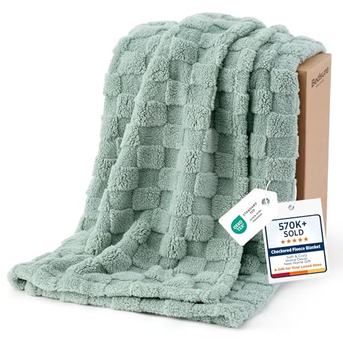 Checkered Fleece Soft Cozy Throw Blankets (01 Sage Green / Throw XL (50" X 70"))