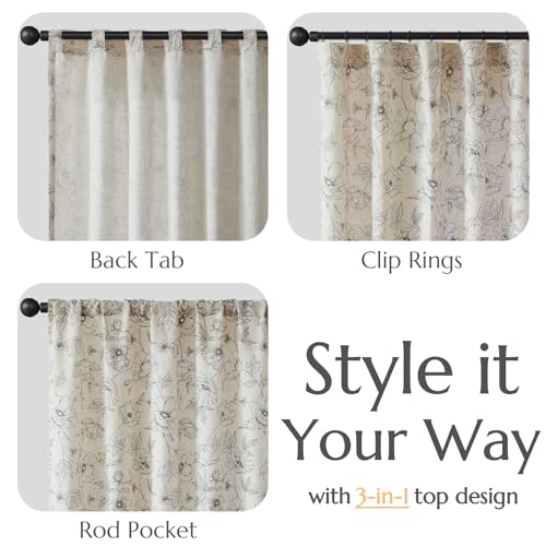 Linen Floral Curtains for Living Room 84 Inch Length Grey Flower Curtain Rod Pocket Back Tab Farmhouse Curtains with Printed Floral Bedroom Window Curtain Set (Penny Grey on Ecru / 50"W x 84"L (Pack of 2))