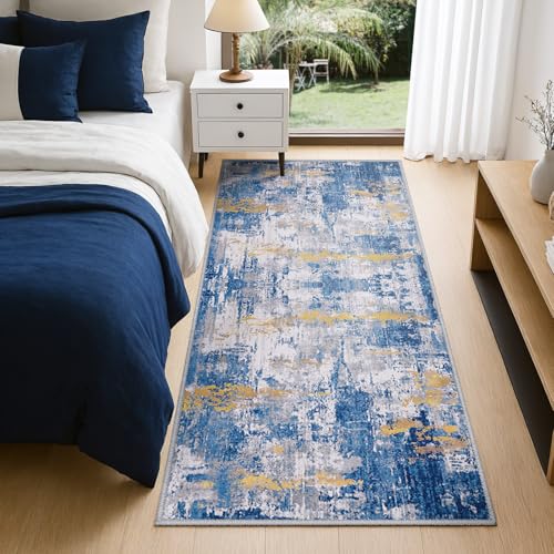 Washable Runner 2'x6' Abstract Area Rug for Hallway Blue Gold (Blue/Gold / 2' x 6' (Runner))