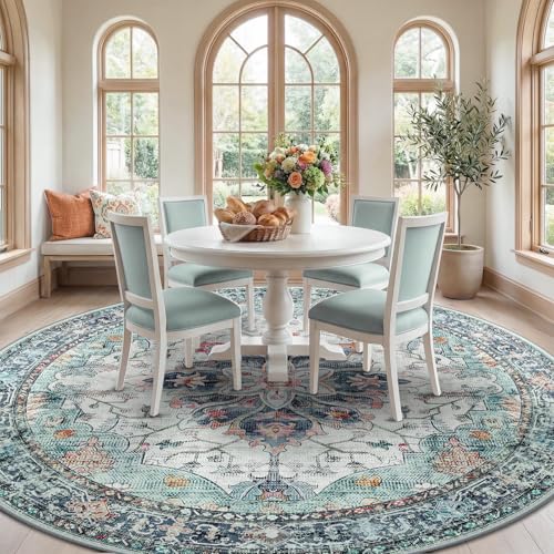 Washable Area Rug (Teal Green/White/Navy / 8' (Round))