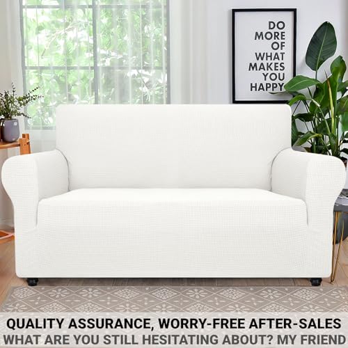 Super Stretch Couch Cover Love Seat Sofa Covers for Living Room Dogs Pet Friendly Furniture Protector Spandex Loveseat Slipcovers with Anti Slip Foam Sticks (White / Medium (57"-70"))