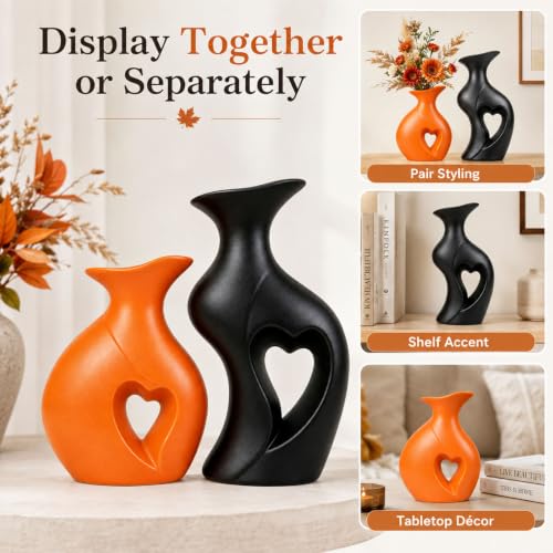 Fall Ceramic Vases Heart Shaped Vase Set of 2 (Orange & Black)
