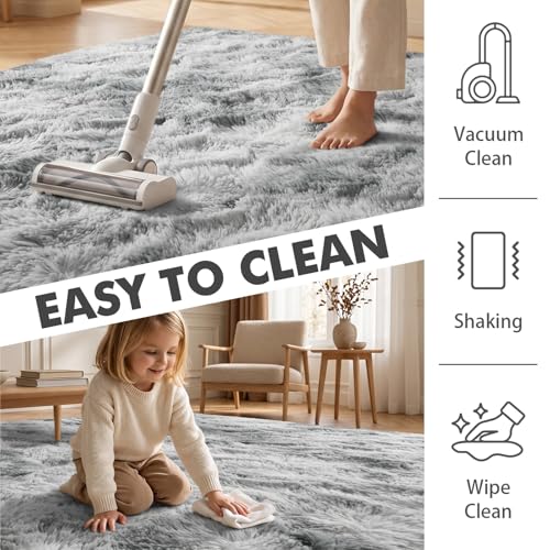 4x6 Ft Shag Rugs for Bedroom Living Room (Ab Tie Dyed Light Grey / 4' X 6' (Rectangular))