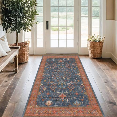 Washable 4x6 Small Rug for Living Room (4' x 6' (Rectangular) / Blue / Terracotta)