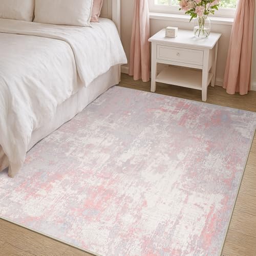 Washable 4'x6' Abstract Area Rug for Living Room Gray Pink (Gray/Pink / 4' x 6' (Rectangular))
