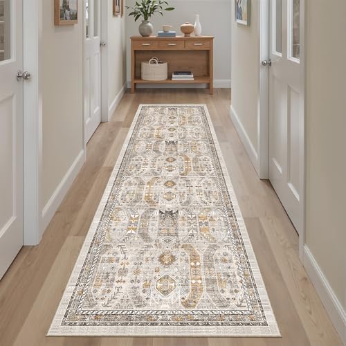 Hallway Runner Rug 2x8 Washable Kitchen Rugs Non (Brown/Gold / 2' x 8' (Runner))