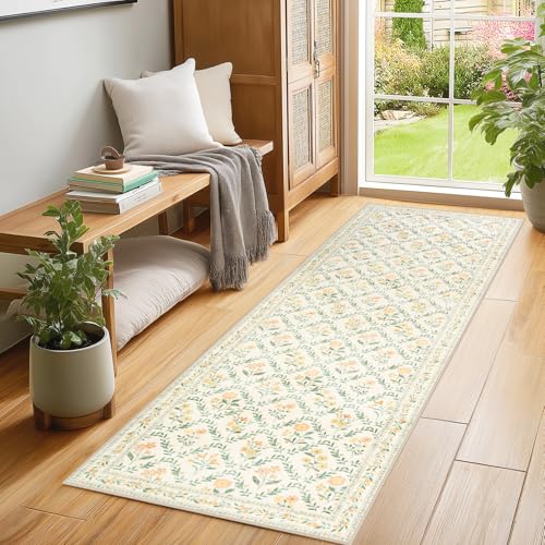 2x6 Washable Runner Rug：Floral Indoor Kitchen Carpet Beige Multi (Beige/Multi / 2' x 6' (Runner))
