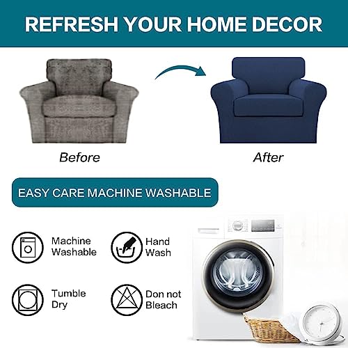 2 Piece Chair Covers Chair Slipcovers for Living Room Armchair Couch Cover Chair Sofa Cover with Individual Cushion Covers Furniture Cover for Chairs Feature Jacquard Fabric (Armchair (1 Cushion) / Navy)