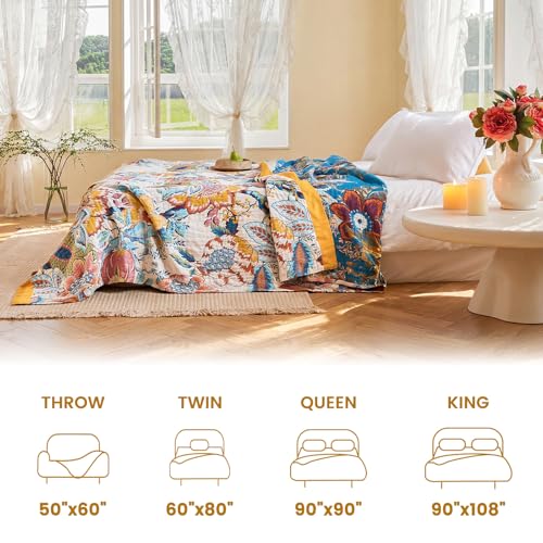 Boho Throw Blanket 90"x108" 100% Cotton Floral Blanket King Bed Decor (Opera Bloom / 108"x90")