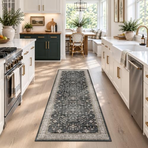 Black Boho Washable 2x6 Runner Rugs for Hallway Kitchen Bedroom Beside Laundry Room Bathroom Rug (2' x 6' (Runner) / Ashen / Multi)