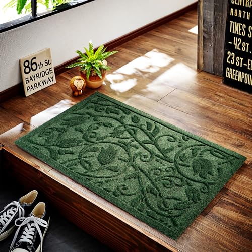 Boho Green Floral Leaves Outdoor Indoor Entrance Doormats (Tulip-green / 1'5" x 2'6" (Rectangular))
