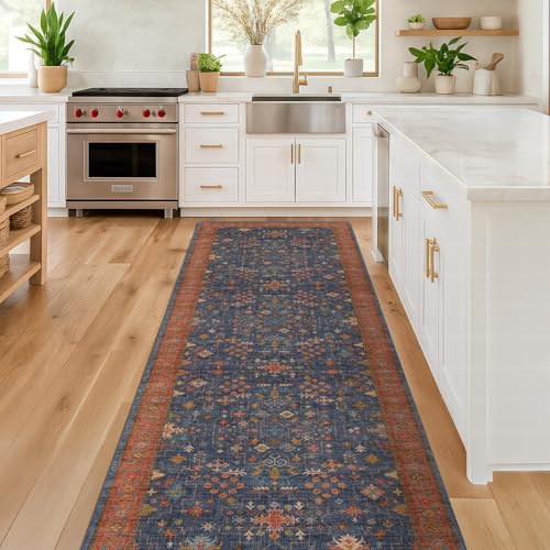 Navy Blue Washable 10 ft Long Runner for Kitchen Floor (2'6" x 10' (Runner) / Blue / Terracotta)