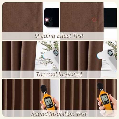 Rustic Brown 100% Blackout Linen Curtains 108 Inch Length 2 Panels Set for Living Room Bedroom Back Tab Thermal Insulated Black Out Drapes Room Darkening Farmhouse Style for Bedroom Window Curtains (Rustic Brown / 52"W x 108"L (Pack of 2))