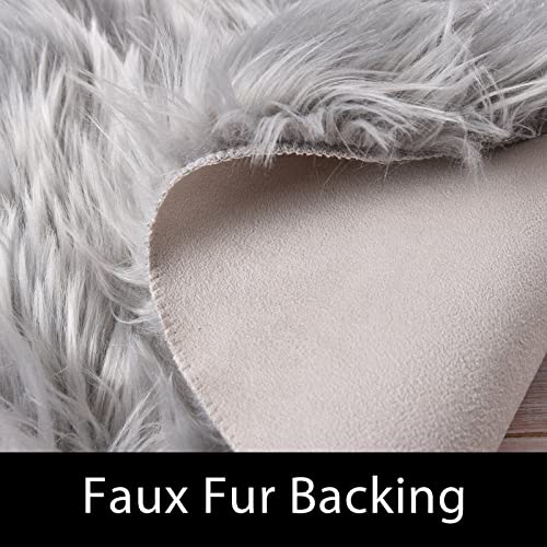 Round 3ft Small Fur Rug Grey Fluffy Faux Sheepskin Cute Circle Rugs for Bedroom Washable Furry Rug Home Décor (3' (Round) / Grey)
