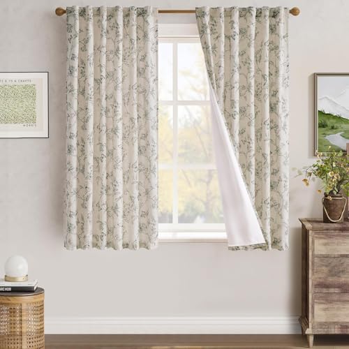 Grey Floral Linen Curtains Lined 63 Inch Vintage Back Tab 2 Panels (Charlotte Grey / 50"W x 63"L (Pack of 2))