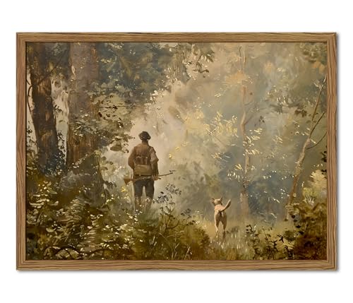 Vintage Hunting Wall Art Cottagecore Country Wall Decor Picture Moody Forest Landscape Poster Painting Canvas Prints for Bedroom Living Room Farmhouse 16x24 inch Wood Framed (24"L x 16"W / Hunting)