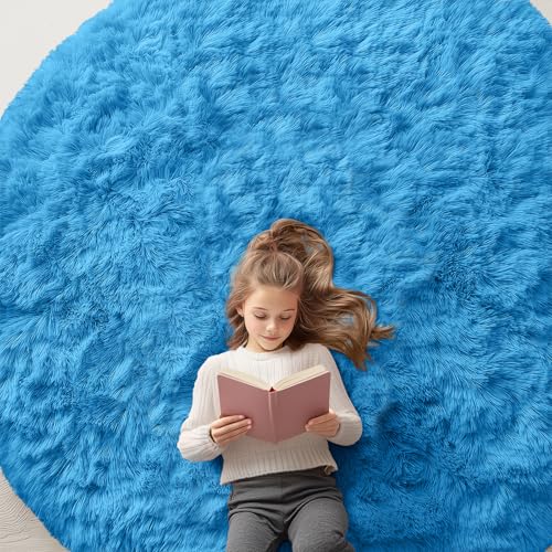 Bright Blue Round Rugs for Bedroom (7 Ft Round / Bright Blue)