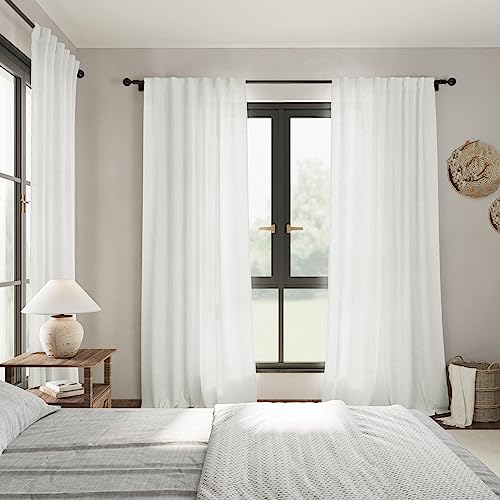 Solid Off White Curtains 96 Inches Long 2 Panels Back Tab Sheer Linen Curtain Modern Farmhouse Coastal Decor White Cotton Textured Gauze Curtains for Patio Sliding Door Office Bedroom (52"W x 96"L (Pack of 2) / Off White)