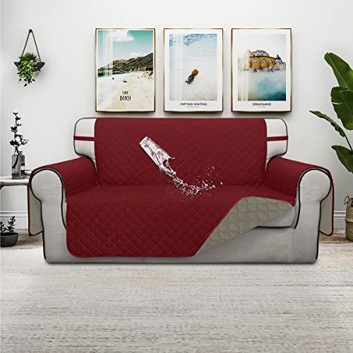 Double Protection 100% Waterproof Loveseat Sofa Covers for Living Room (Christmas Red/Beige / Loveseat Medium)