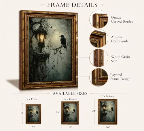 Vintage Gold Framed Crow Canvas Wall Art Dark Academia Gothic Painting Picture Wall Decor Victorian Horror Forest Poster Print Artwork for Living Room Bedroom Home Decoration (crow / 11"L x 9"W)