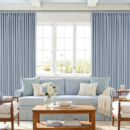 Blue Linen Blackout Pleated 86 Inch Curtains with Liner for Living Room (Light Blue / 40"W x 86"L (Pack of 2))