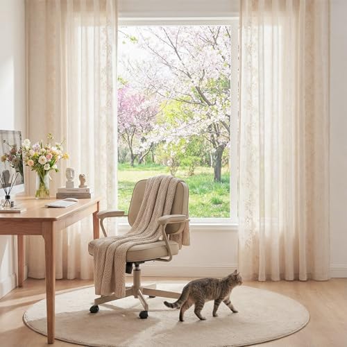 Floral Linen Curtains 84 Inch Farmhouse Back Tab 2 Panels (Vine | Ivory / 50"W x 84"L (Pack of 2))
