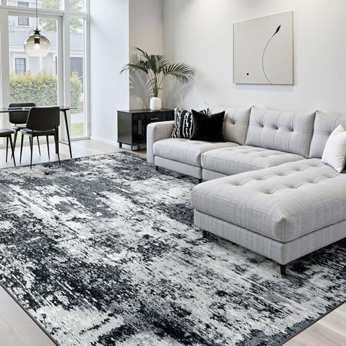 Washable 10'x14' Abstract Area Rug for Living Room Black White (Black/Navy Blue/Gray / 10' x 14' (Rectangular))
