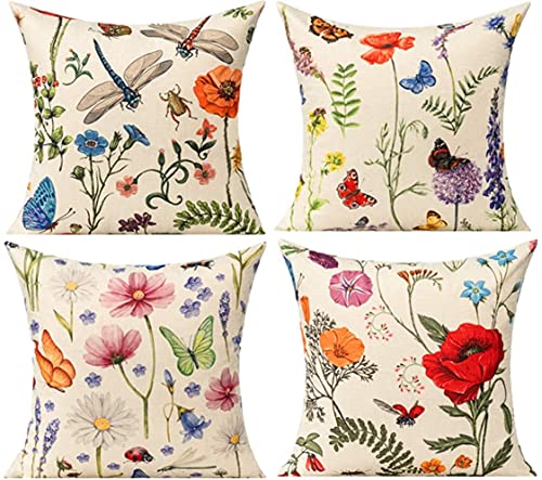 Outdoor Patio Throw Pillow Covers 22x22 Set of 4 Summer Spring Garden Flowers Farmhouse Décor Outside Furniture Bench Chair Decorative Cushion Cases for Bed Couch Sofa (22x22)