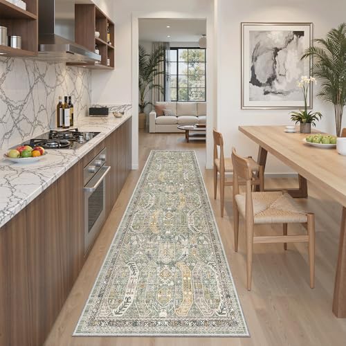 Hallway Runner Rug 2x8 Washable Kitchen Rugs Non (Green/Gold / 2' x 8' (Runner))