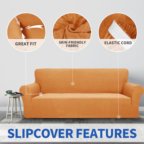 1 Piece Jacquard Couch Covers for 3 Cushion Couch High Stretch Sofa Cover for Pets Dogs Anti Slip Extra Large Sofa Slipcovers Furniture Protector (X-Large (91"-112") / Orange)