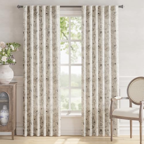 Linen Floral Curtains for Living Room 84 Inch Length Grey Flower Curtain Rod Pocket Back Tab Farmhouse Curtains with Printed Floral Bedroom Window Curtain Set (Penny Grey on Ecru / 50"W x 84"L (Pack of 2))