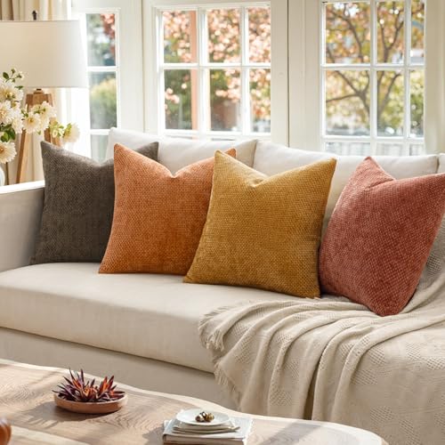 Decorative Chenille Fall Pillow Covers Orange Brown 20x20 Pack of 4 (20" x 20" (Pack of 4) / Orange/Yellow)