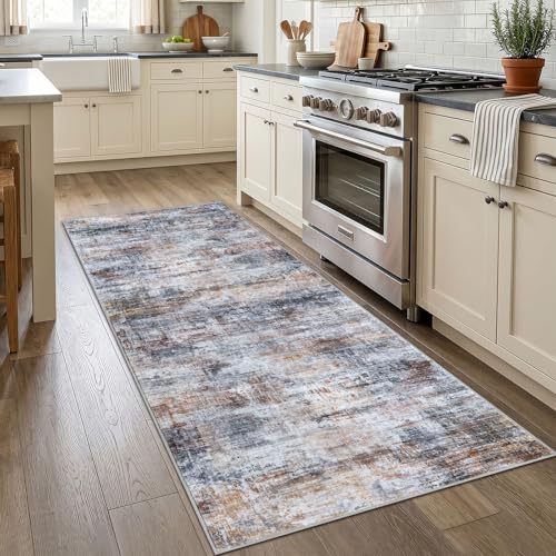 Abstract Runner Rug 3x7 Ft Washable Runners for Hallways (Orange/Brown/Grey / 3' x 7' (Rectangular))