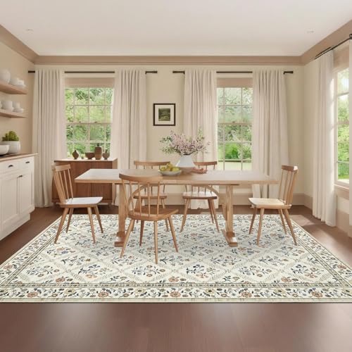 6x9 Machine Washable Area Rugs for Living Room Floral Stain Resistant Soft Carpet Vintage Low Pile Non Slip Non (Beige/Sand / 6' x 9' (Rectangular))